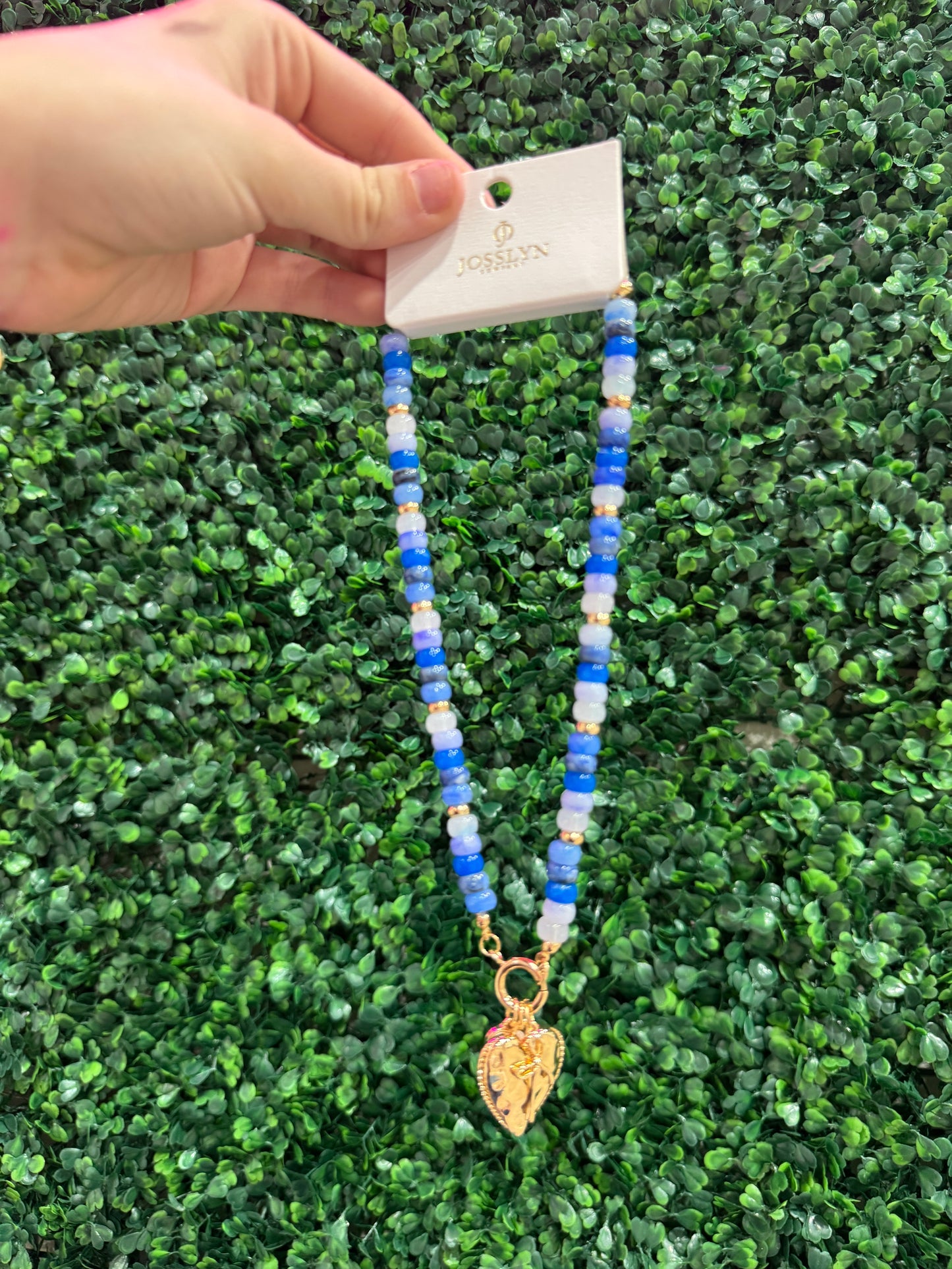 Beaded Porcelain Heart Charm Necklace -Blue