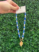 Beaded Porcelain Heart Charm Necklace -Blue