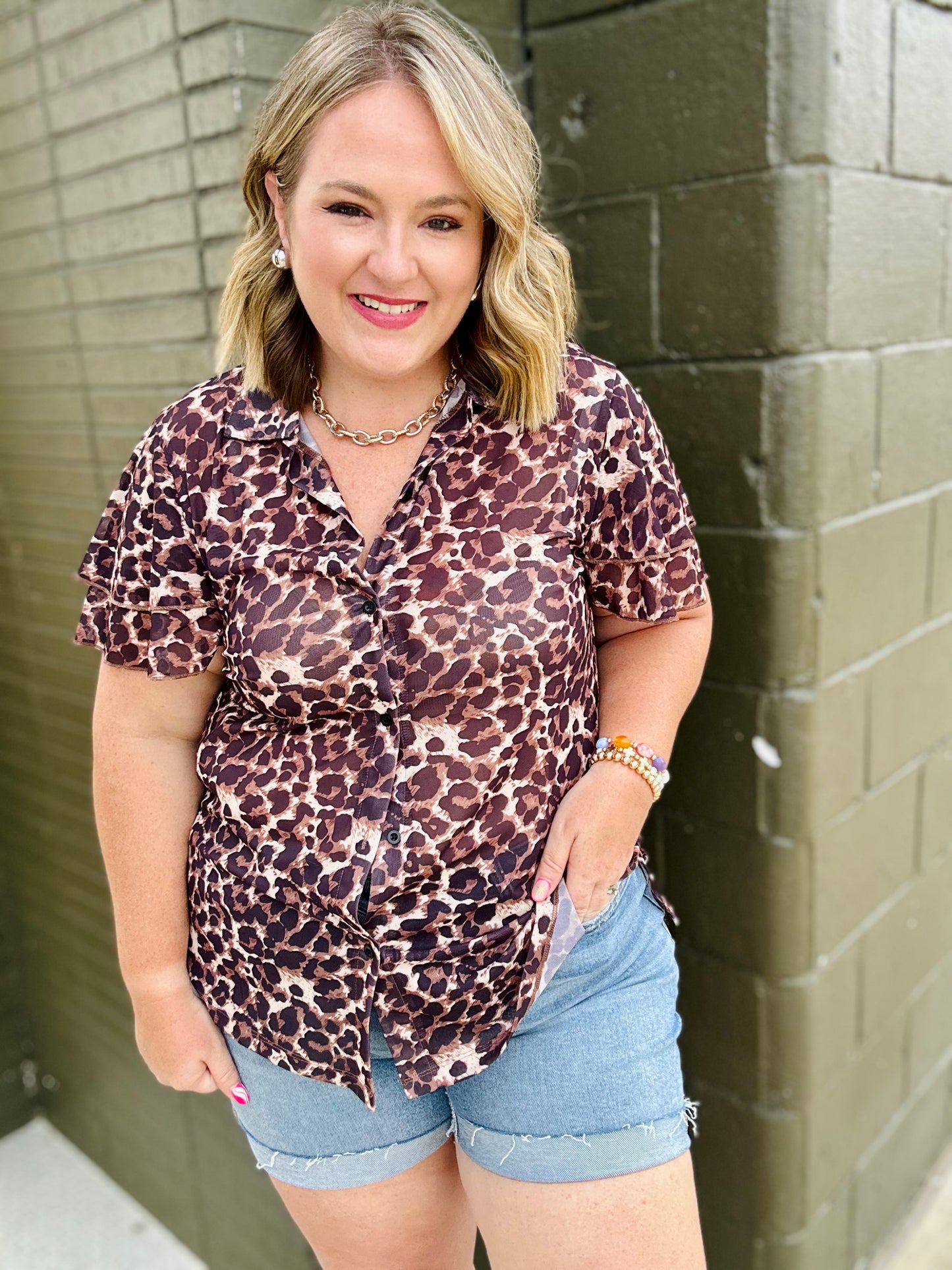 Mesh Leopard Button Down