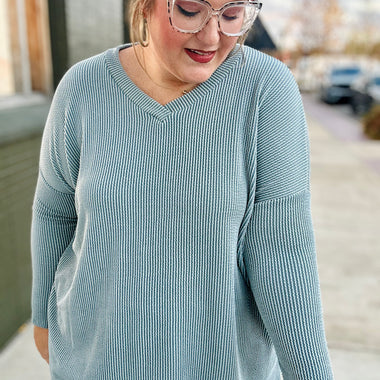 **DOORBUSTER** Karen V Neck Ribbed Top In Blue