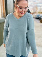 **DOORBUSTER** Karen V Neck Ribbed Top In Blue