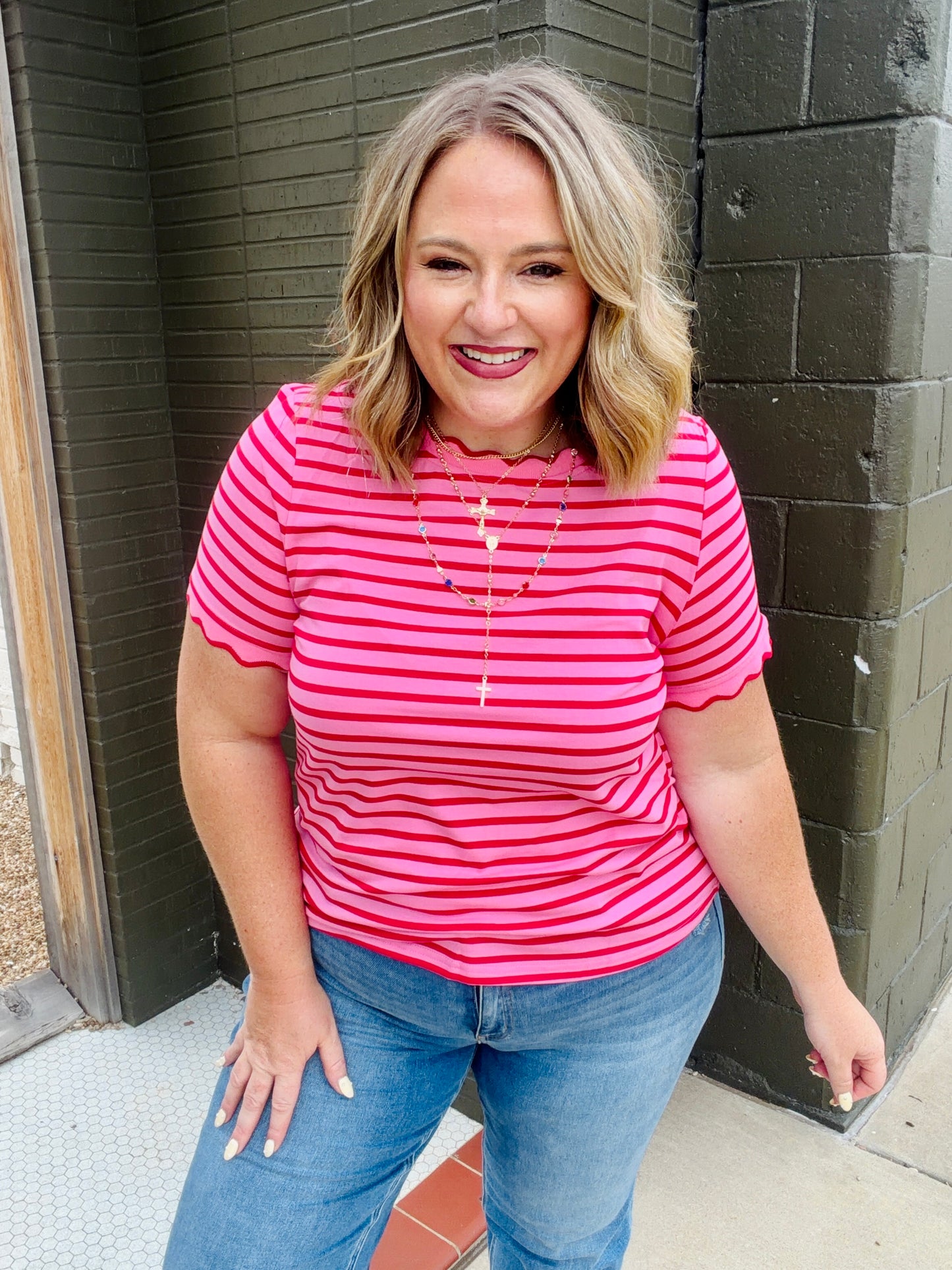 Lennie Stripe Scalloped Top in Red