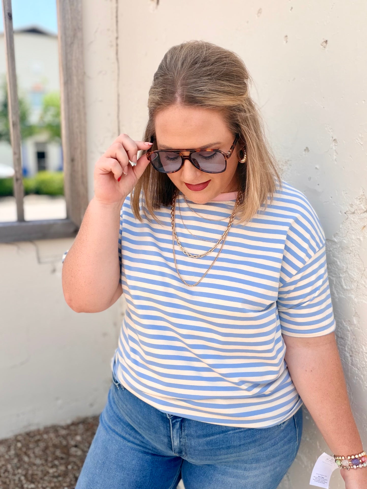 Stripe Contrast Crew Neck Drop Shoulder Tee
