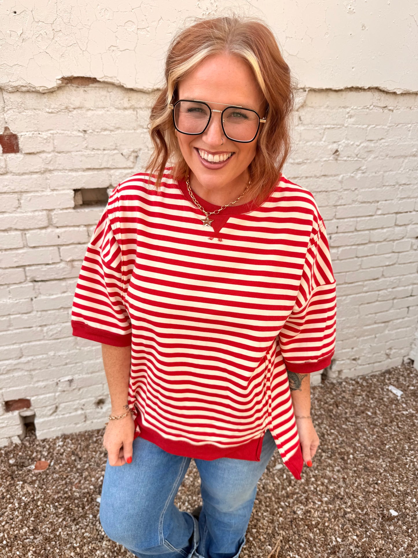 Sarah Oversized Striped Top in Red