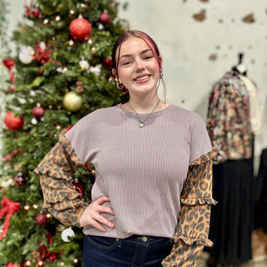 Leopard Ruffled Long Sleeve Ribbed Top