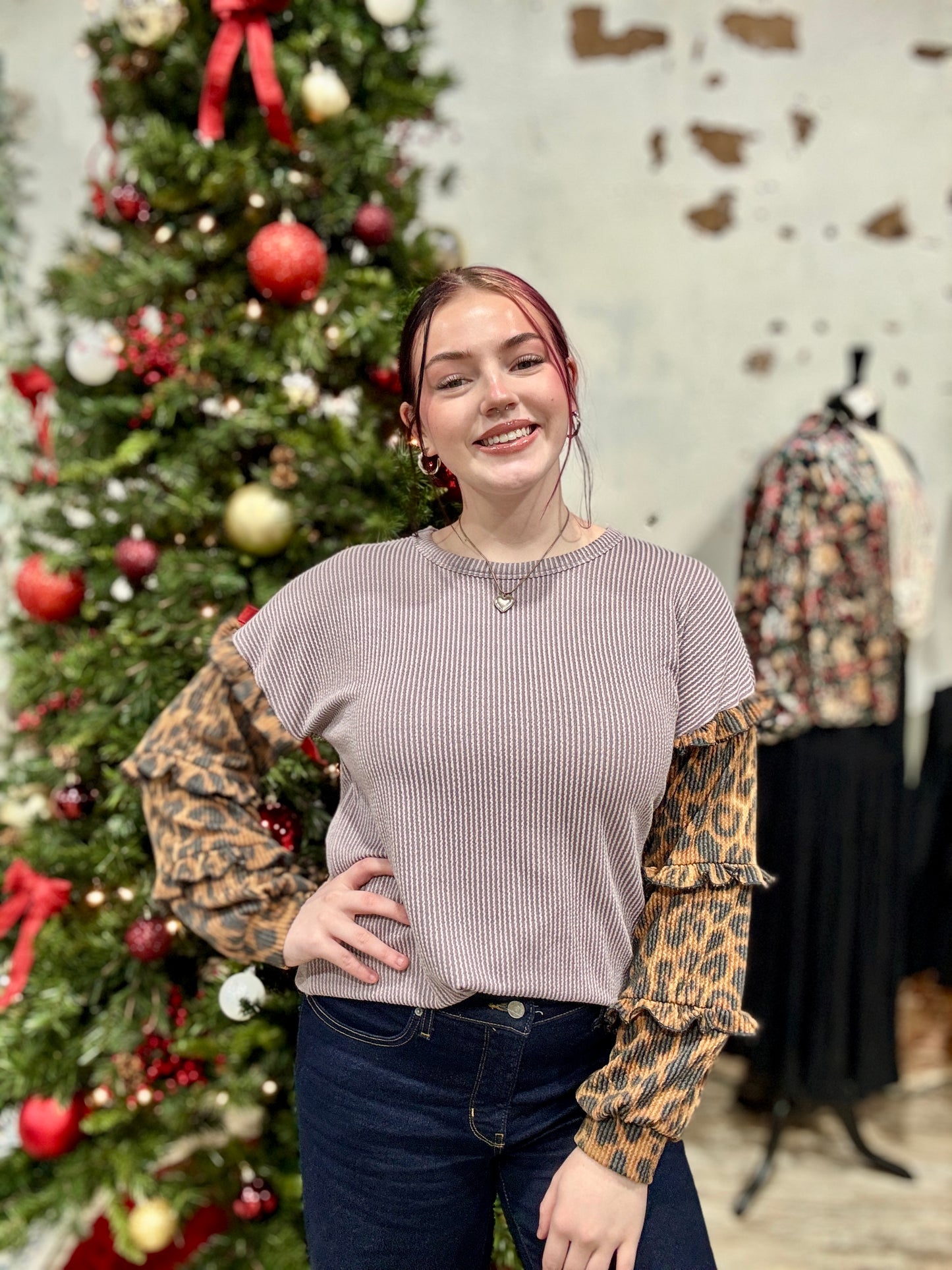 Leopard Ruffled Long Sleeve Ribbed Top