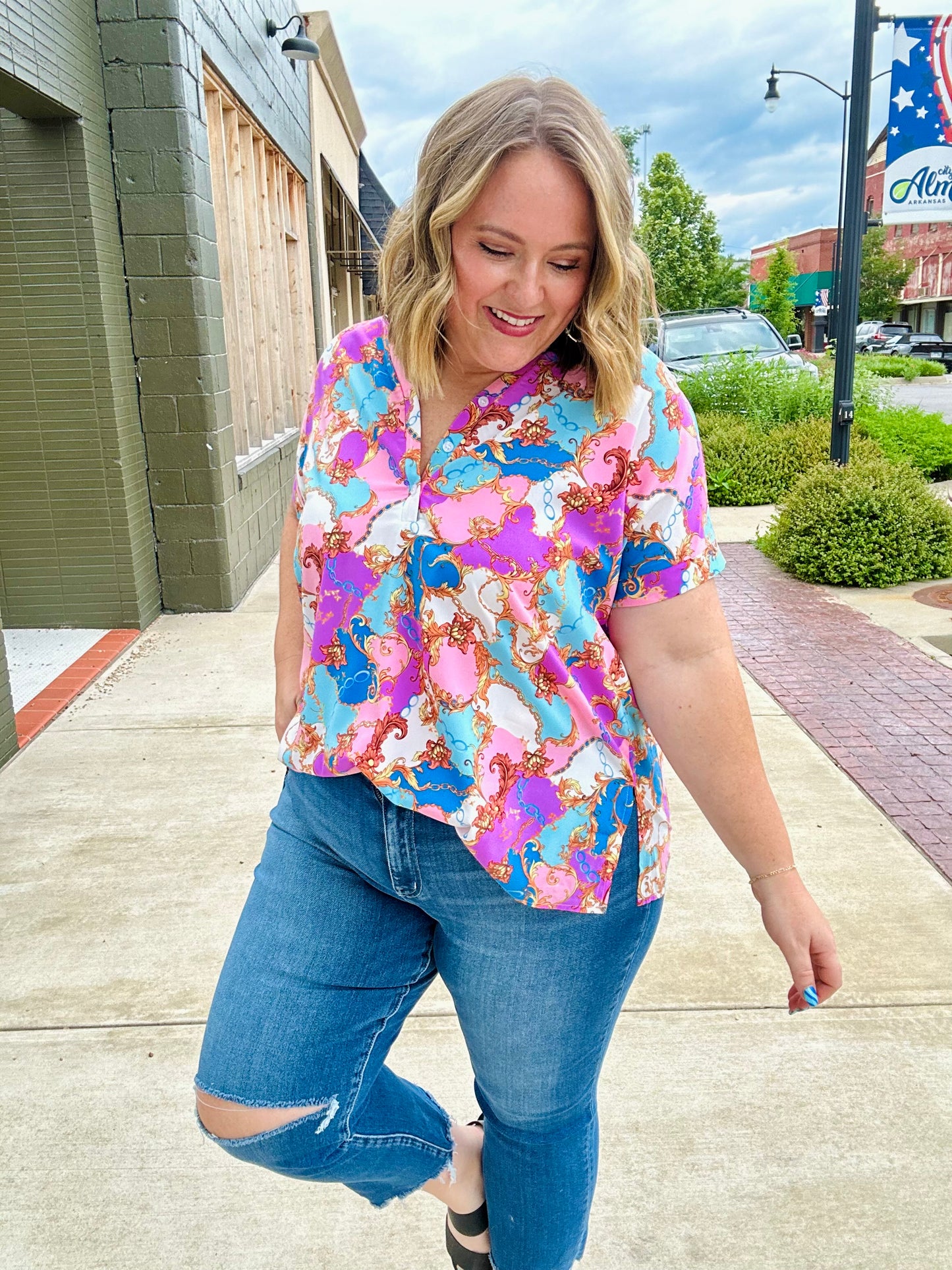 Malia Mixed Print Button Top