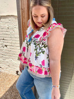 Floral Stripe Trim Buttoned V-Neck Flutter Sleeve Blouse