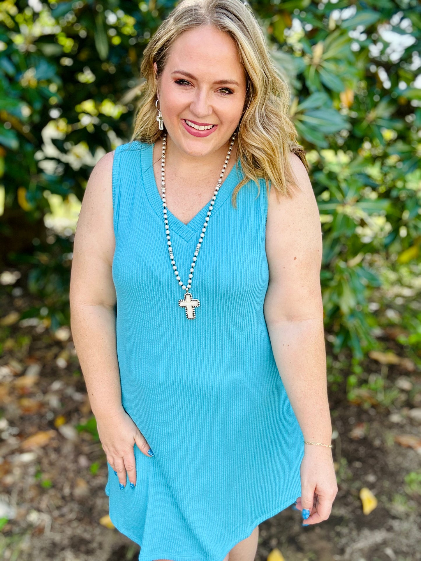 Penny V-Neck Ribbed Dress in Blue