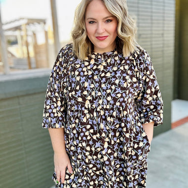 Floral Corduroy Puff Sleeve Babydoll Dress