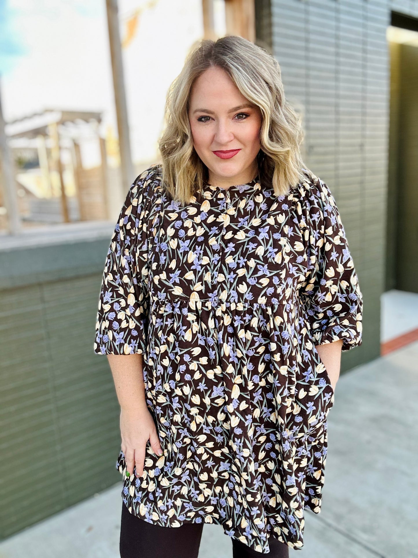 Floral Corduroy Puff Sleeve Babydoll Dress