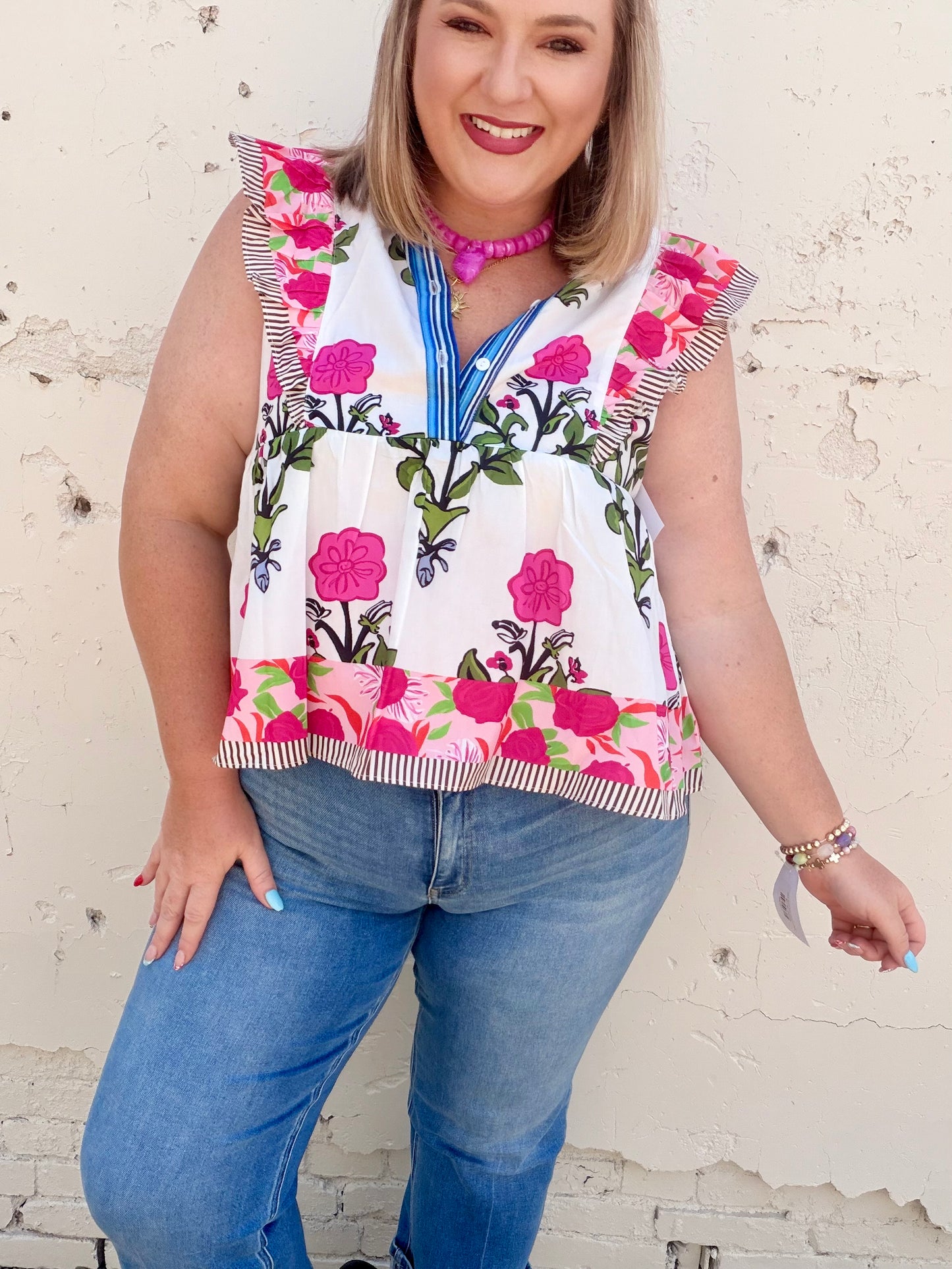 Floral Stripe Trim Buttoned V-Neck Flutter Sleeve Blouse