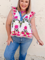 Floral Stripe Trim Buttoned V-Neck Flutter Sleeve Blouse