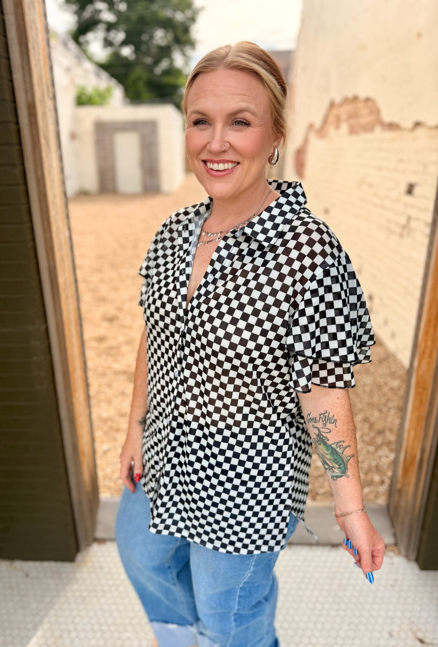 Mesh Checkered Button Down