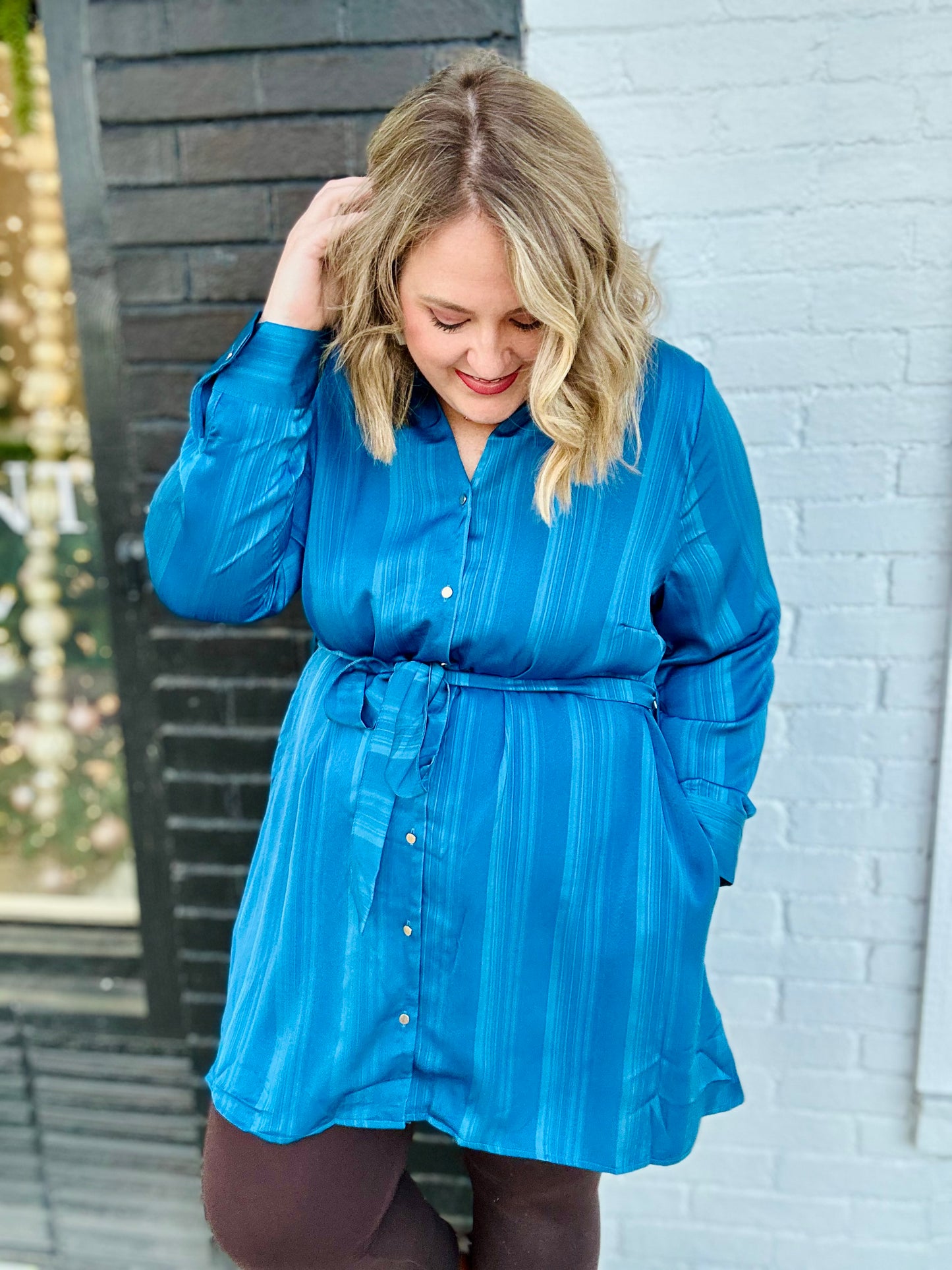 Tina Texture Satin Shirt Dress in Blue