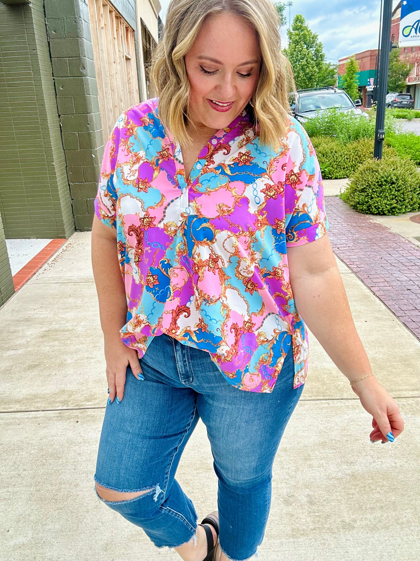 Malia Mixed Print Button Top
