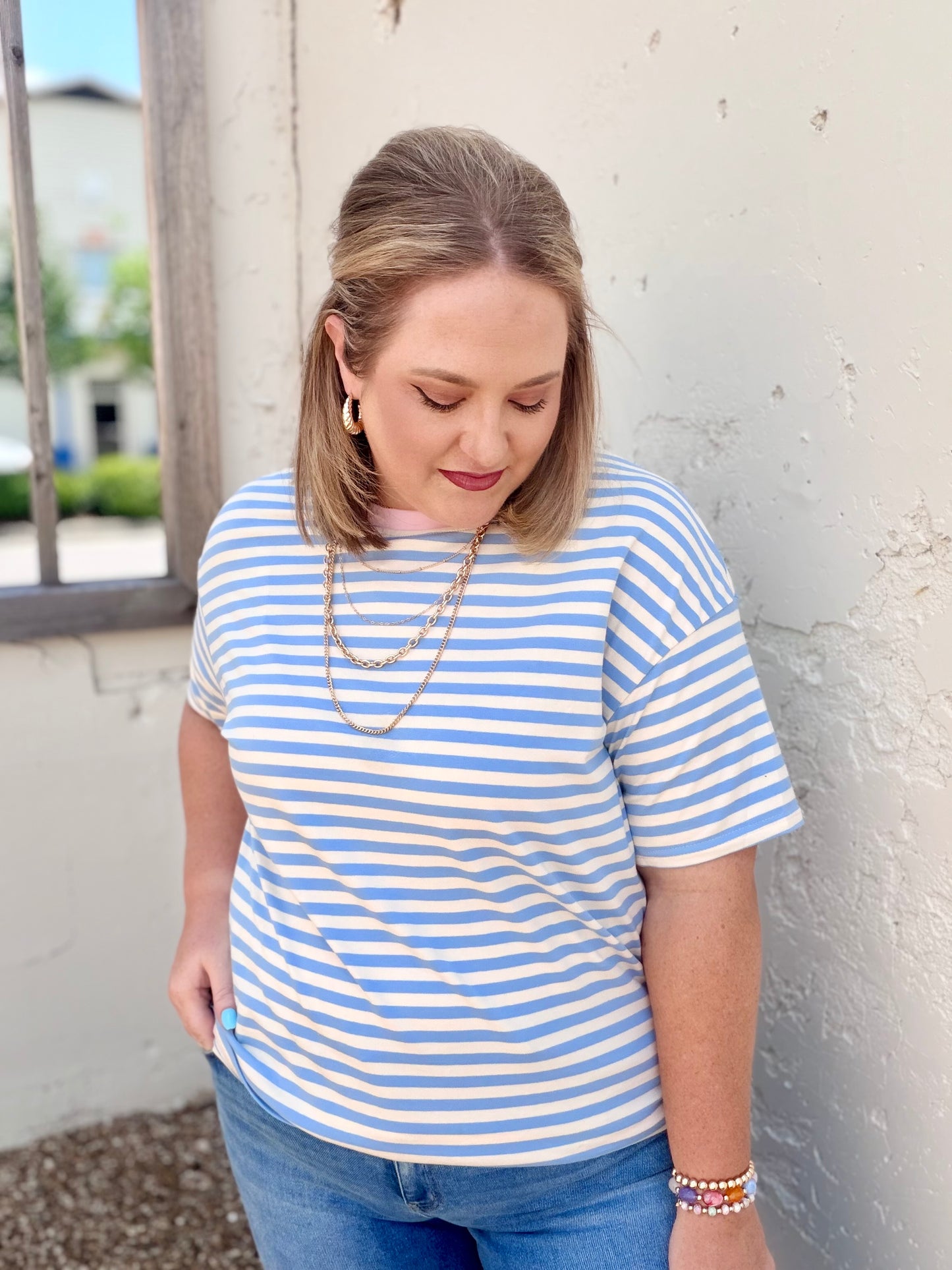 Stripe Contrast Crew Neck Drop Shoulder Tee