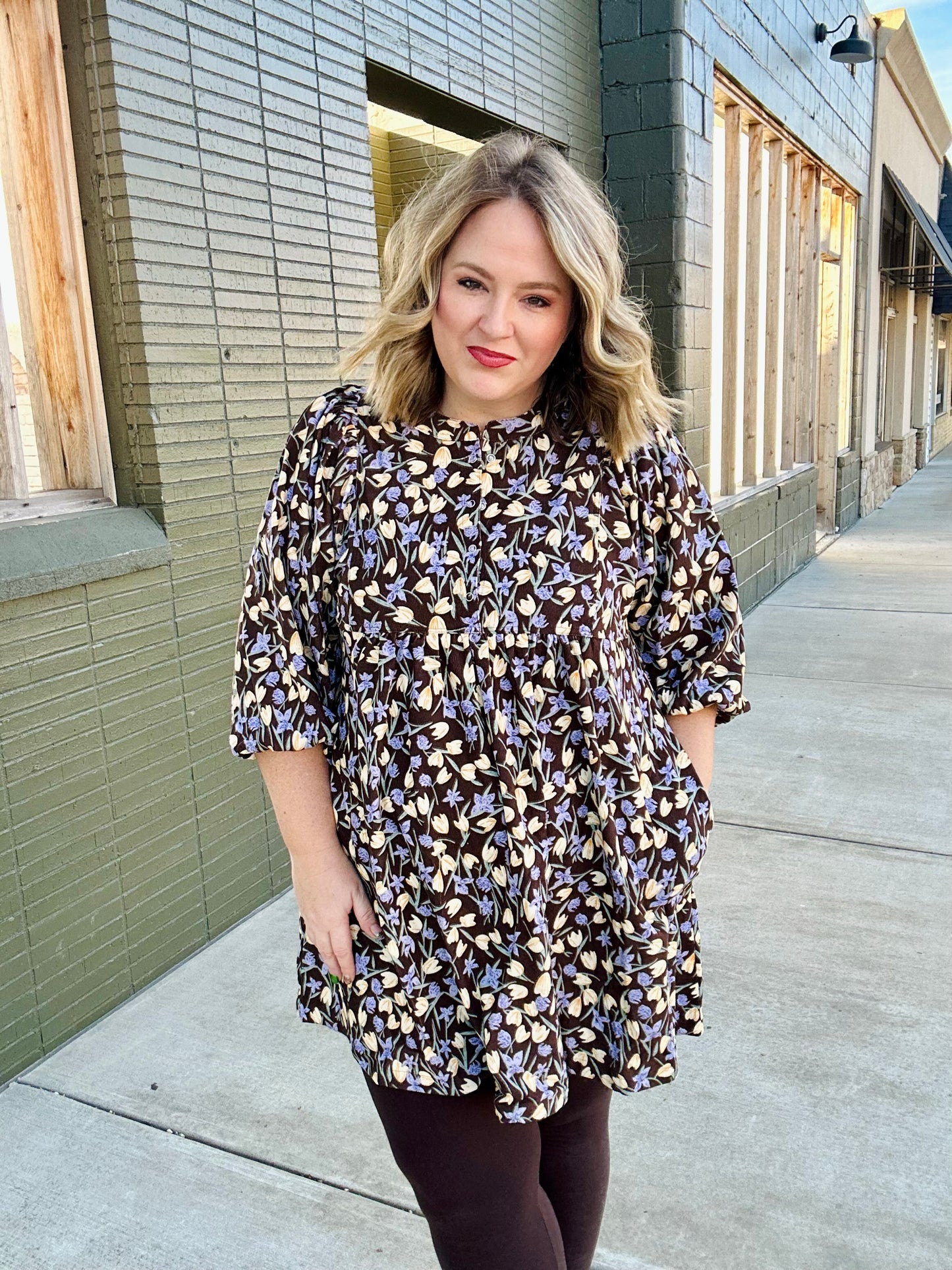 Floral Corduroy Puff Sleeve Babydoll Dress