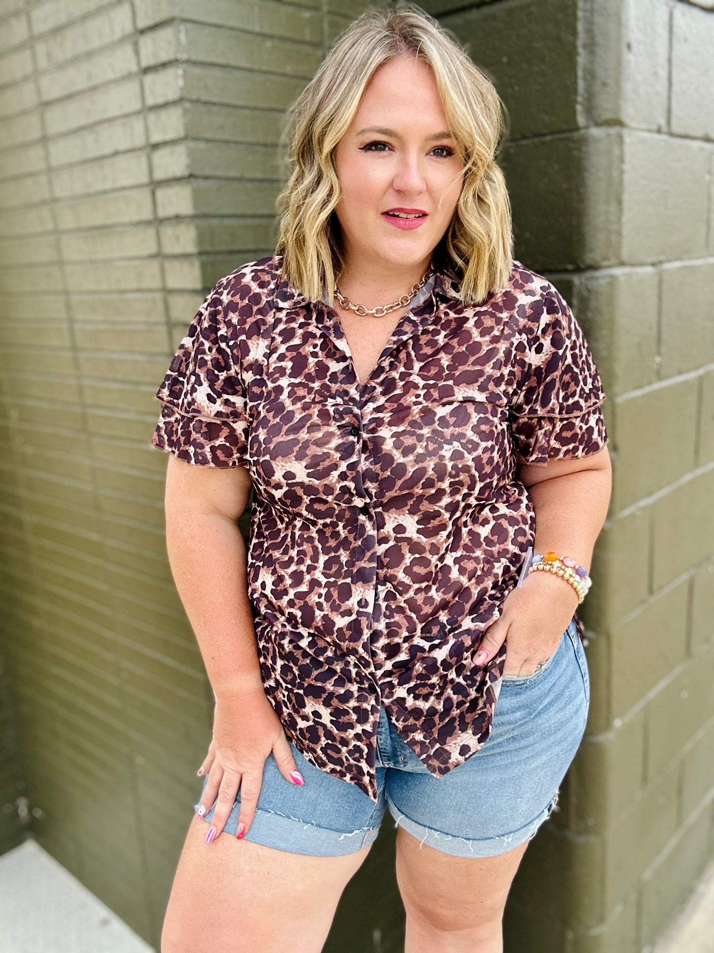 Mesh Leopard Button Down