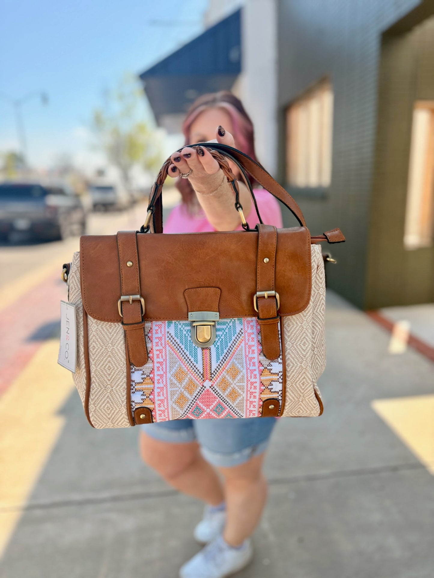 Harlow Aztec Embroidered Satchel in Taupe