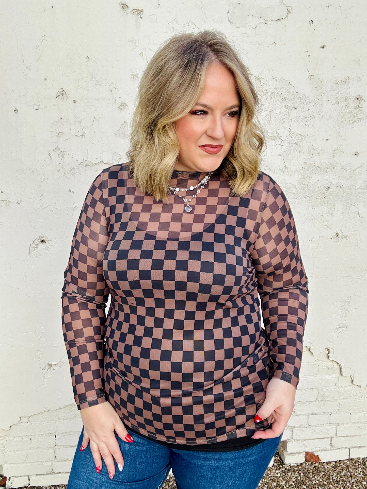 Brown Checkered Mesh Top