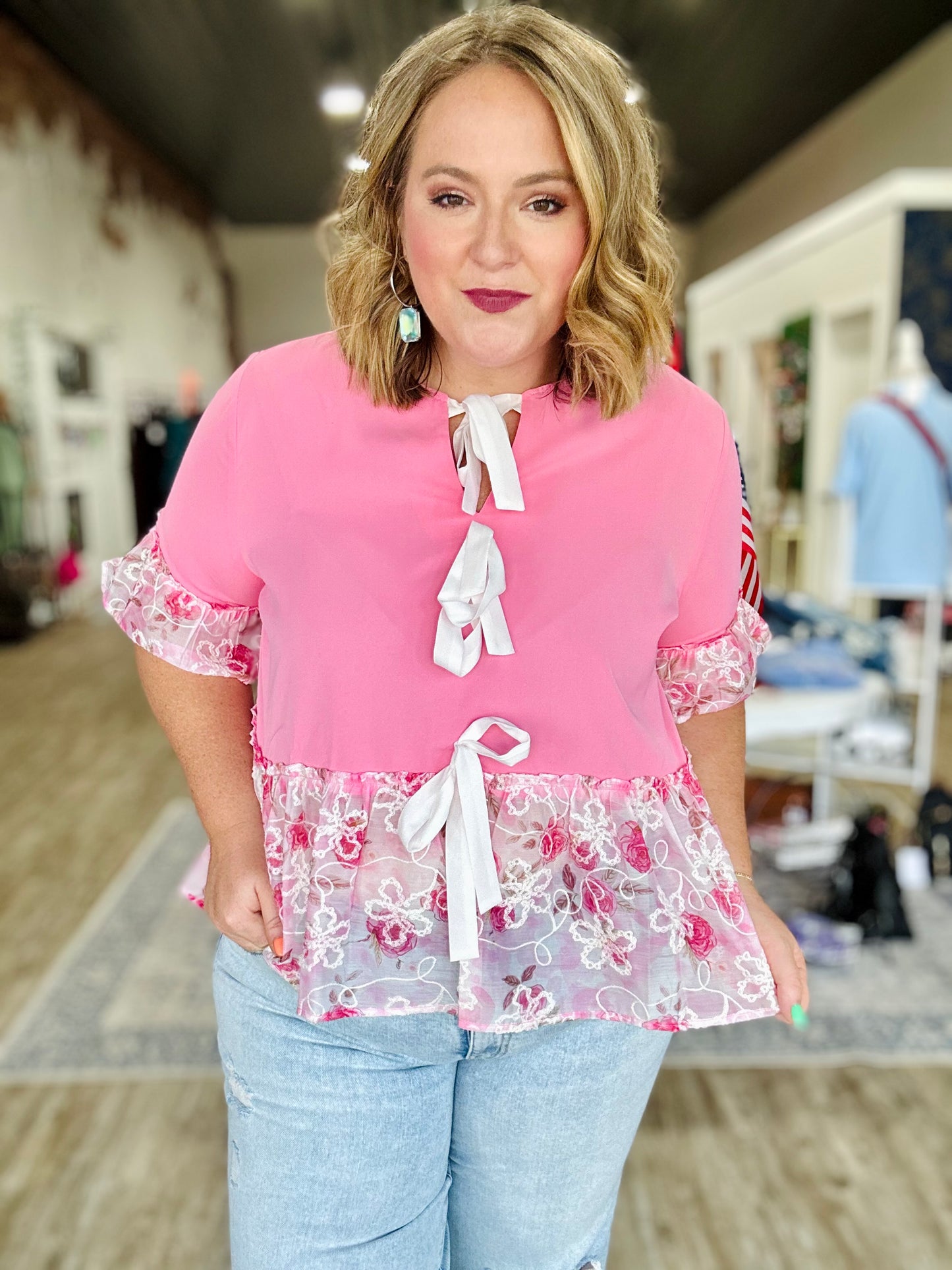 Rosy Ruffle Bow Top
