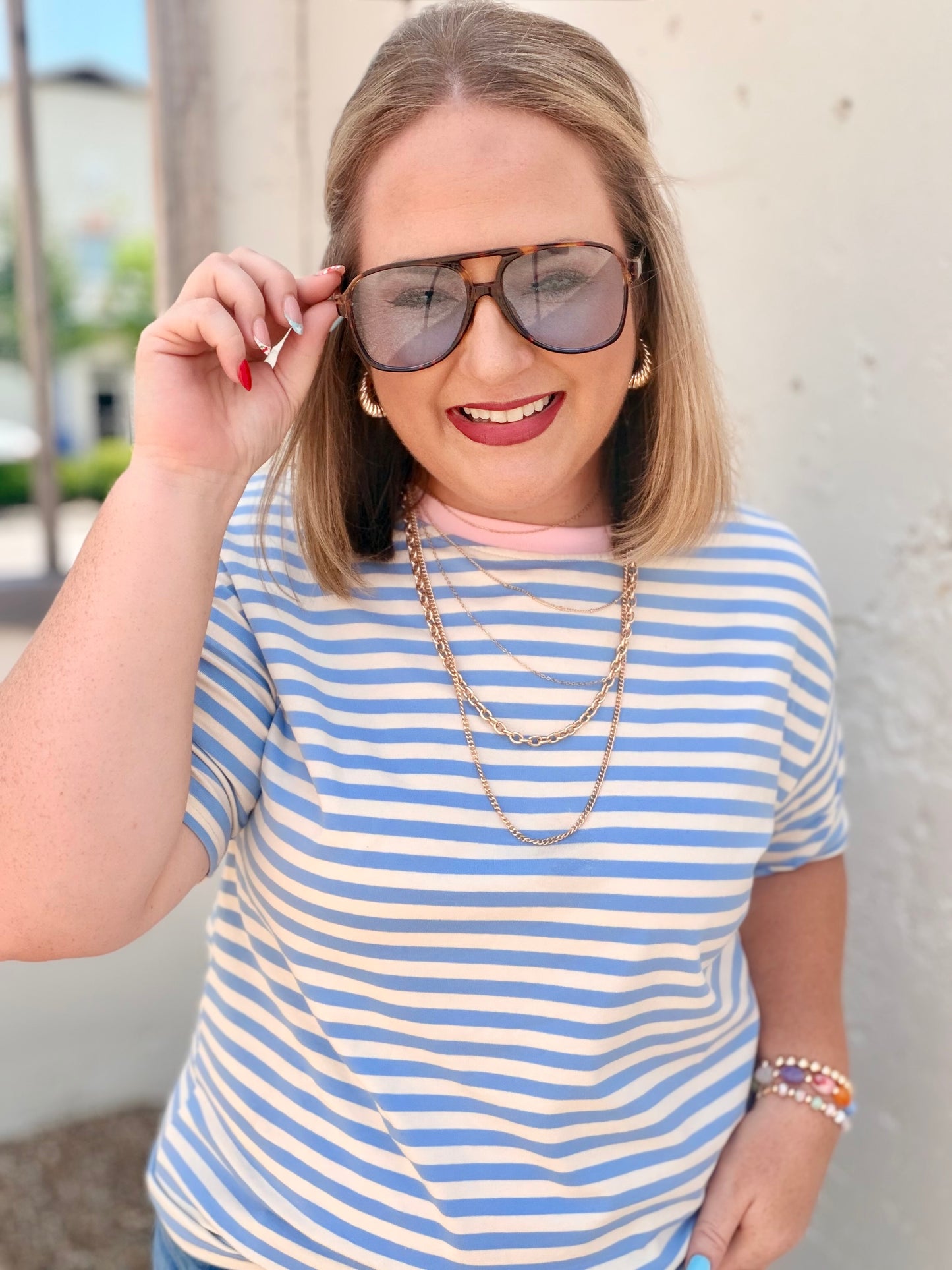 Stripe Contrast Crew Neck Drop Shoulder Tee