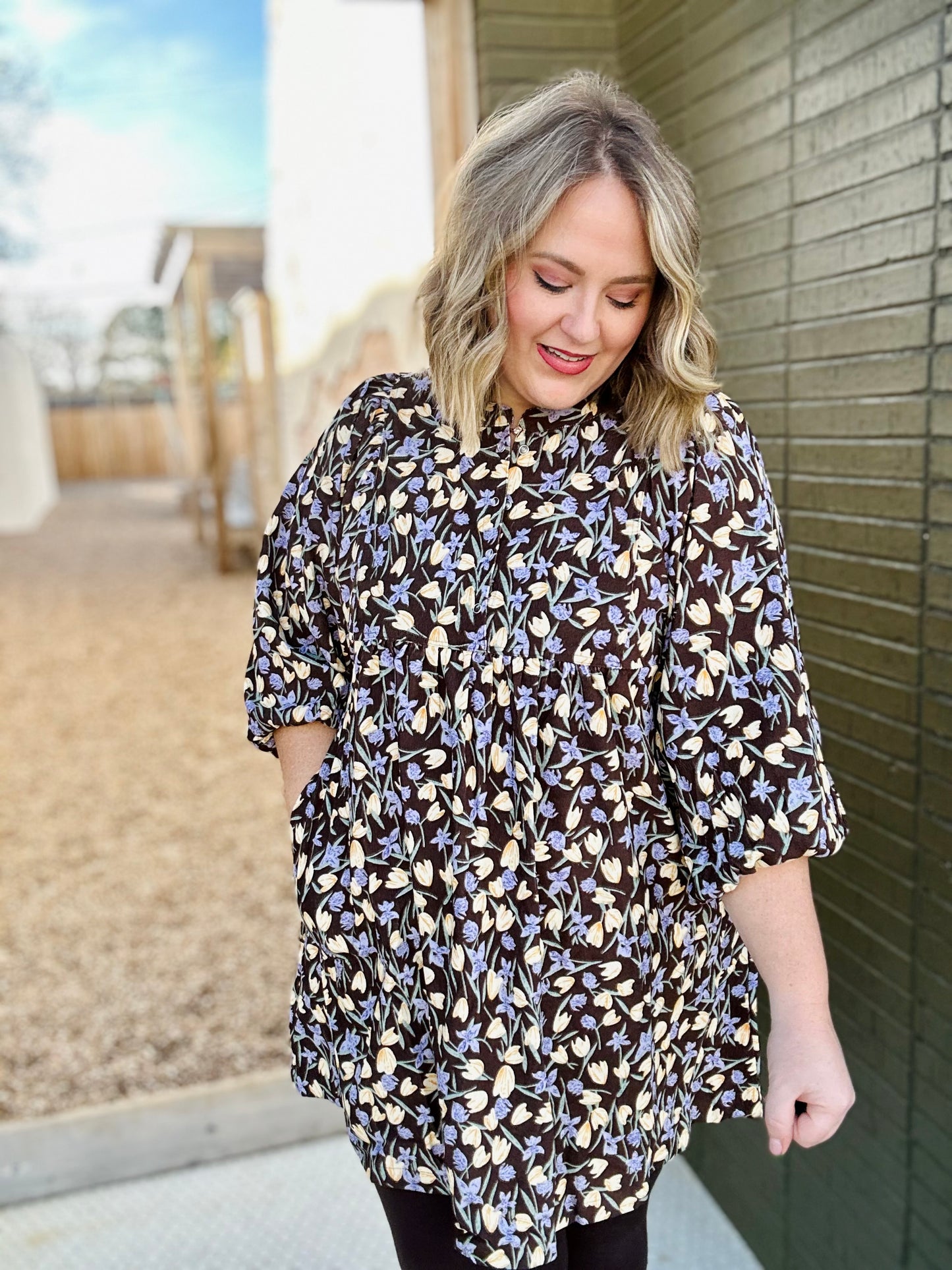 Floral Corduroy Puff Sleeve Babydoll Dress