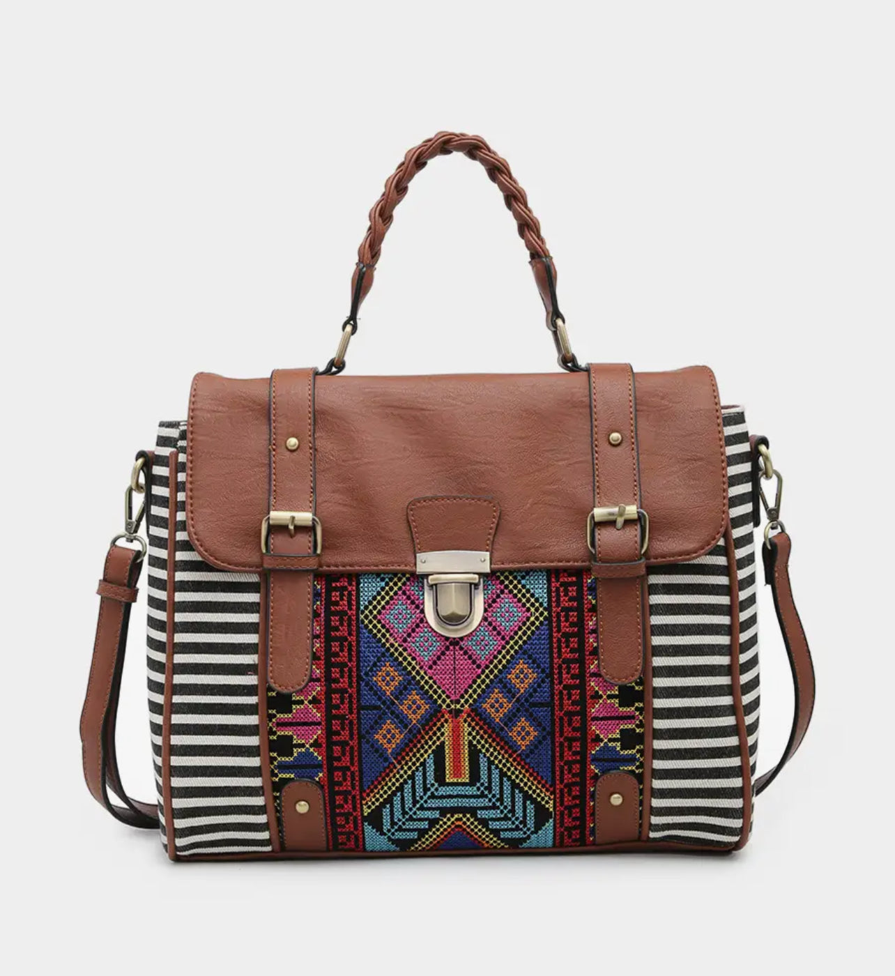 Harlow Aztec Embroidered Satchel in Black