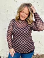 Brown Checkered Mesh Top