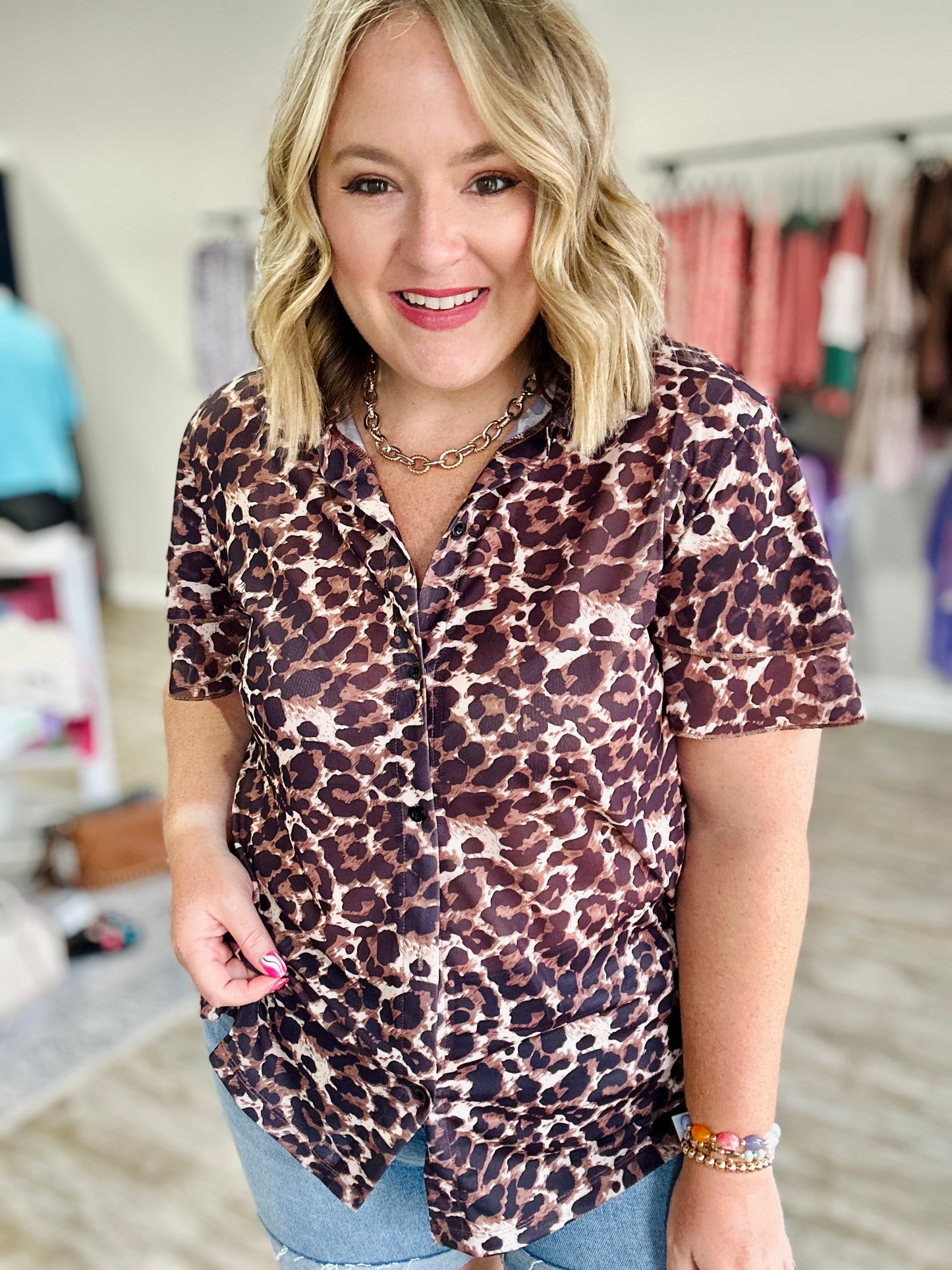 Mesh Leopard Button Down