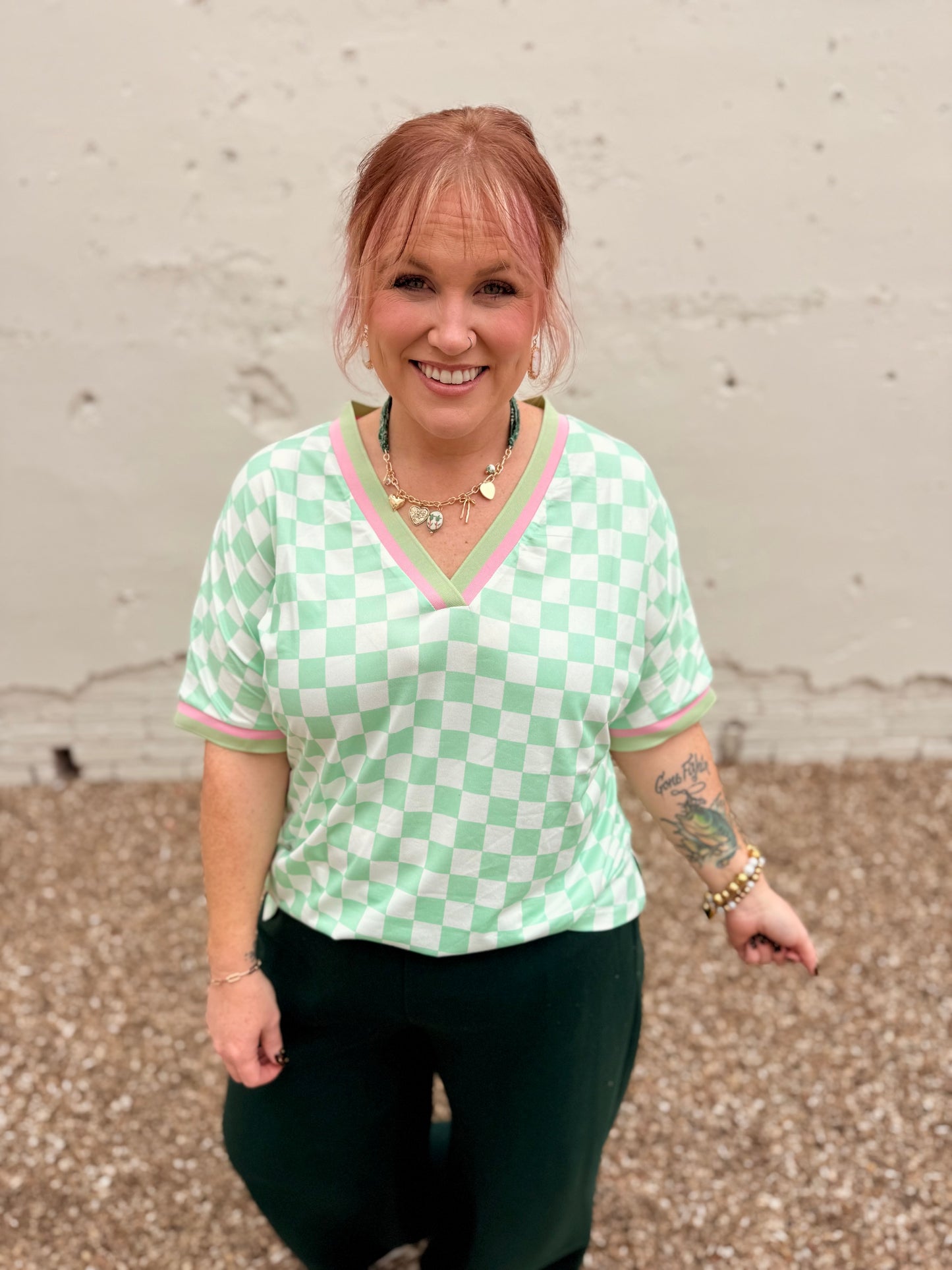 Mint Green Checkered V-Neck