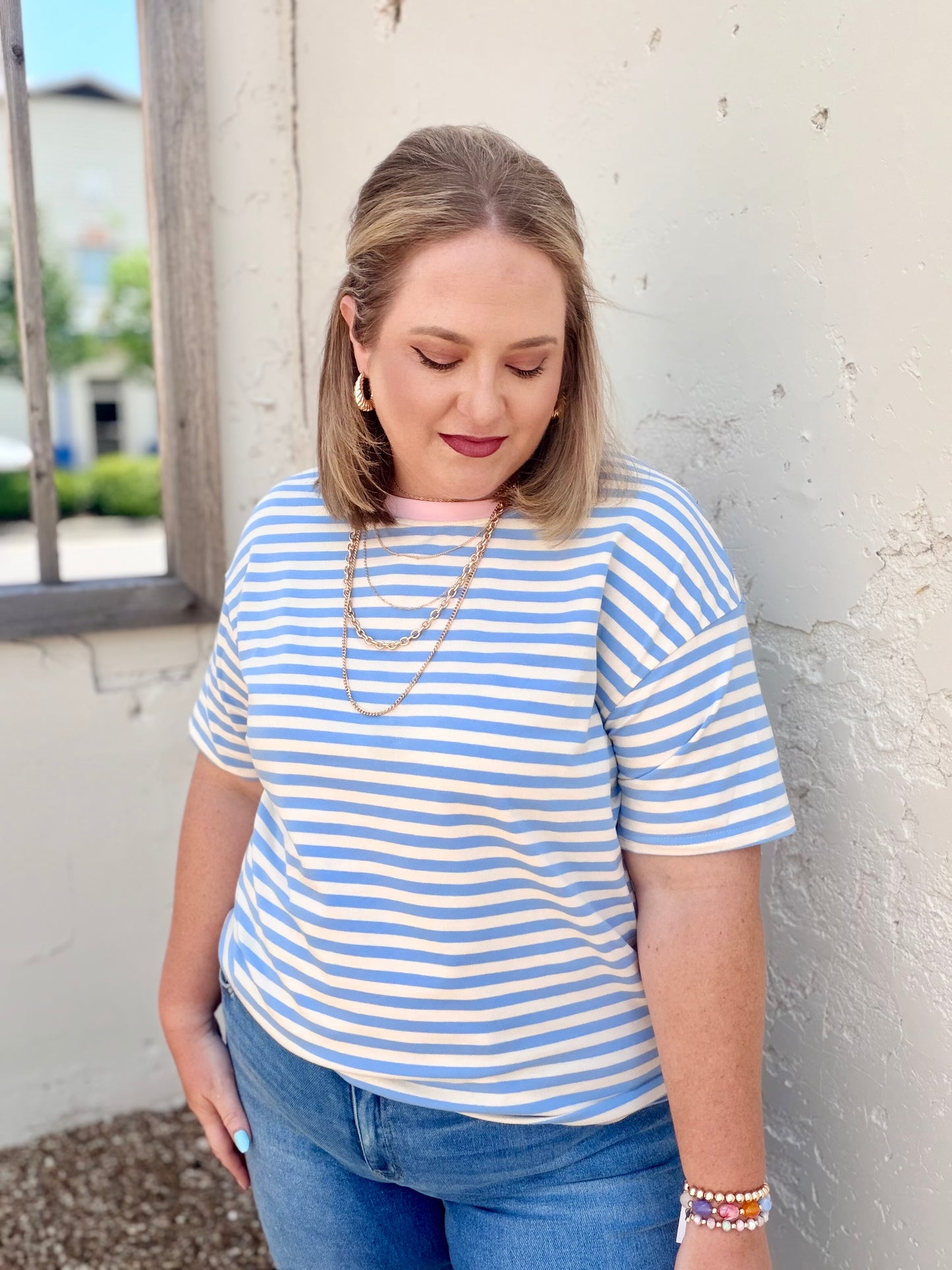 Stripe Contrast Crew Neck Drop Shoulder Tee