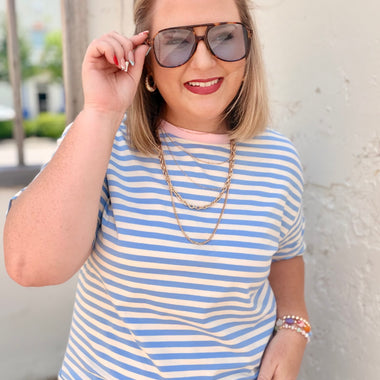 Stripe Contrast Crew Neck Drop Shoulder Tee