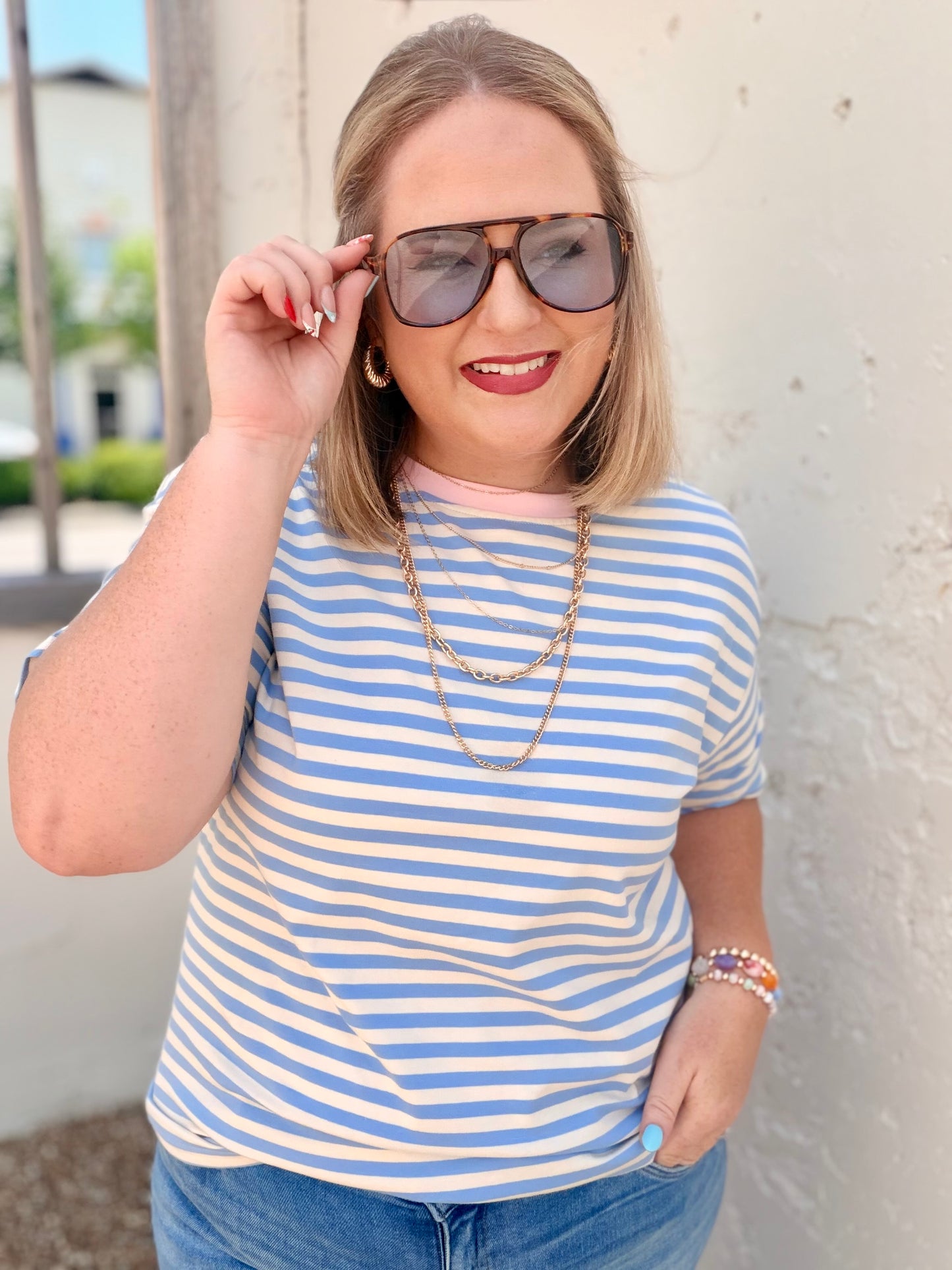 Stripe Contrast Crew Neck Drop Shoulder Tee