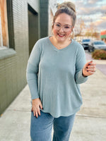 **DOORBUSTER** Karen V Neck Ribbed Top In Blue