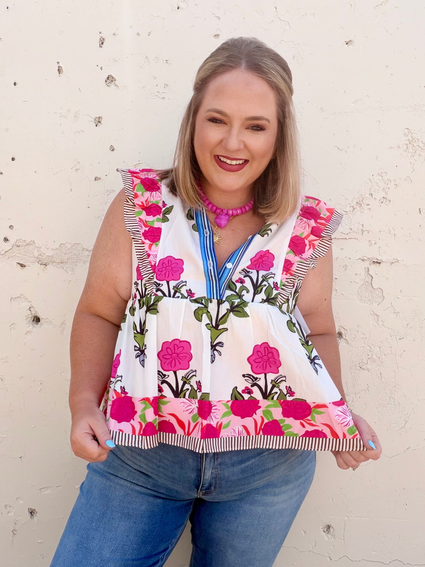 Floral Stripe Trim Buttoned V-Neck Flutter Sleeve Blouse