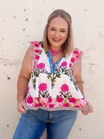 Floral Stripe Trim Buttoned V-Neck Flutter Sleeve Blouse