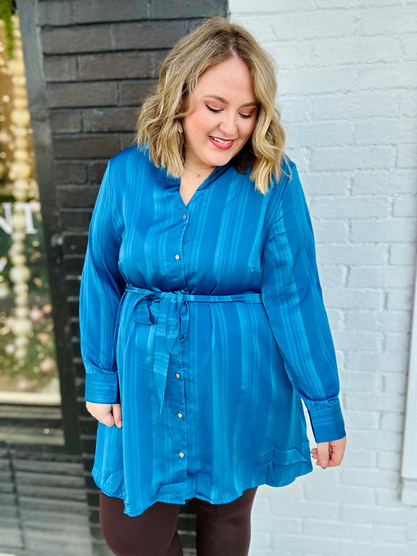 Tina Texture Satin Shirt Dress in Blue
