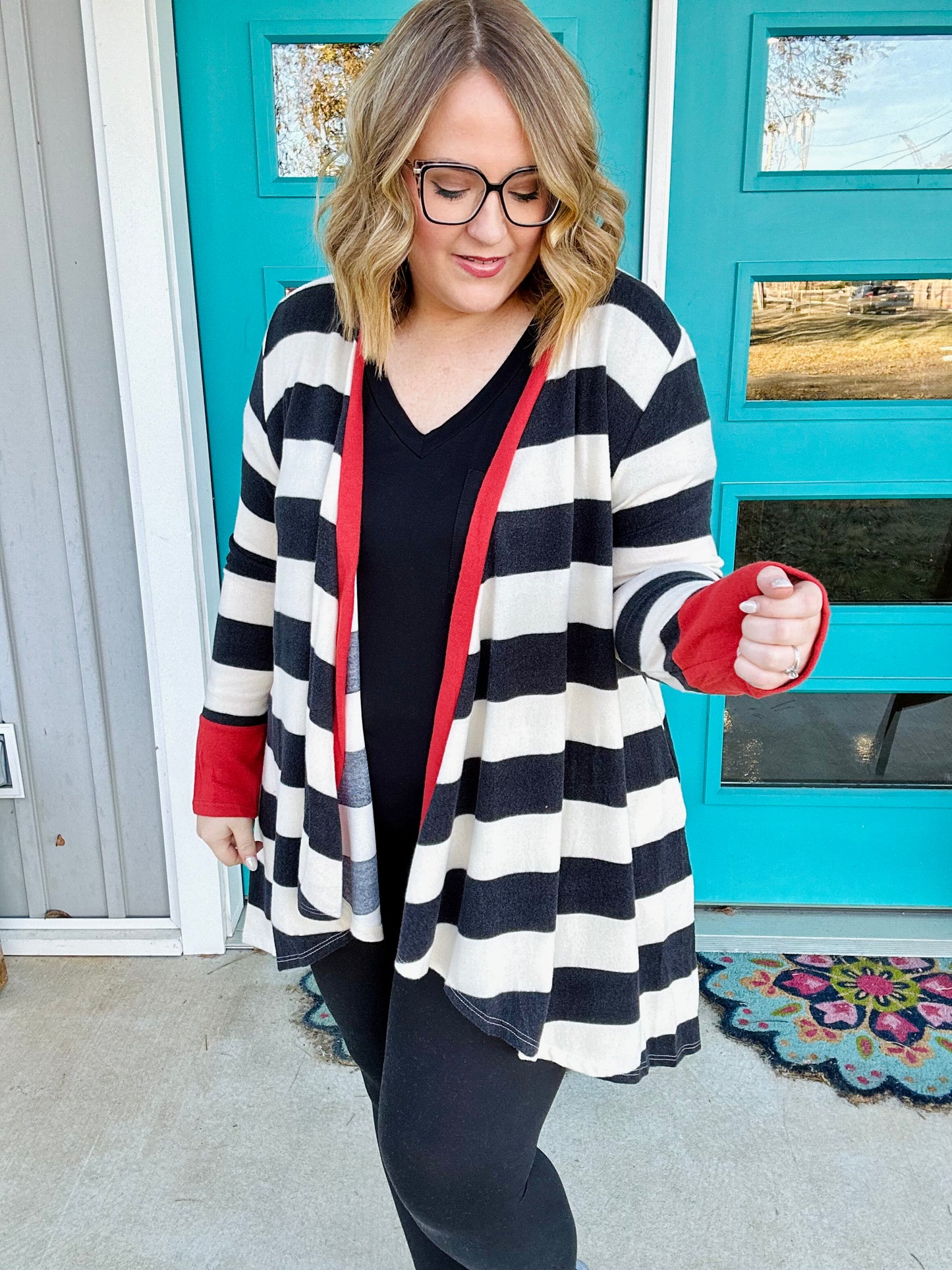 Nelly Striped Draped Cardigan in Black & Red