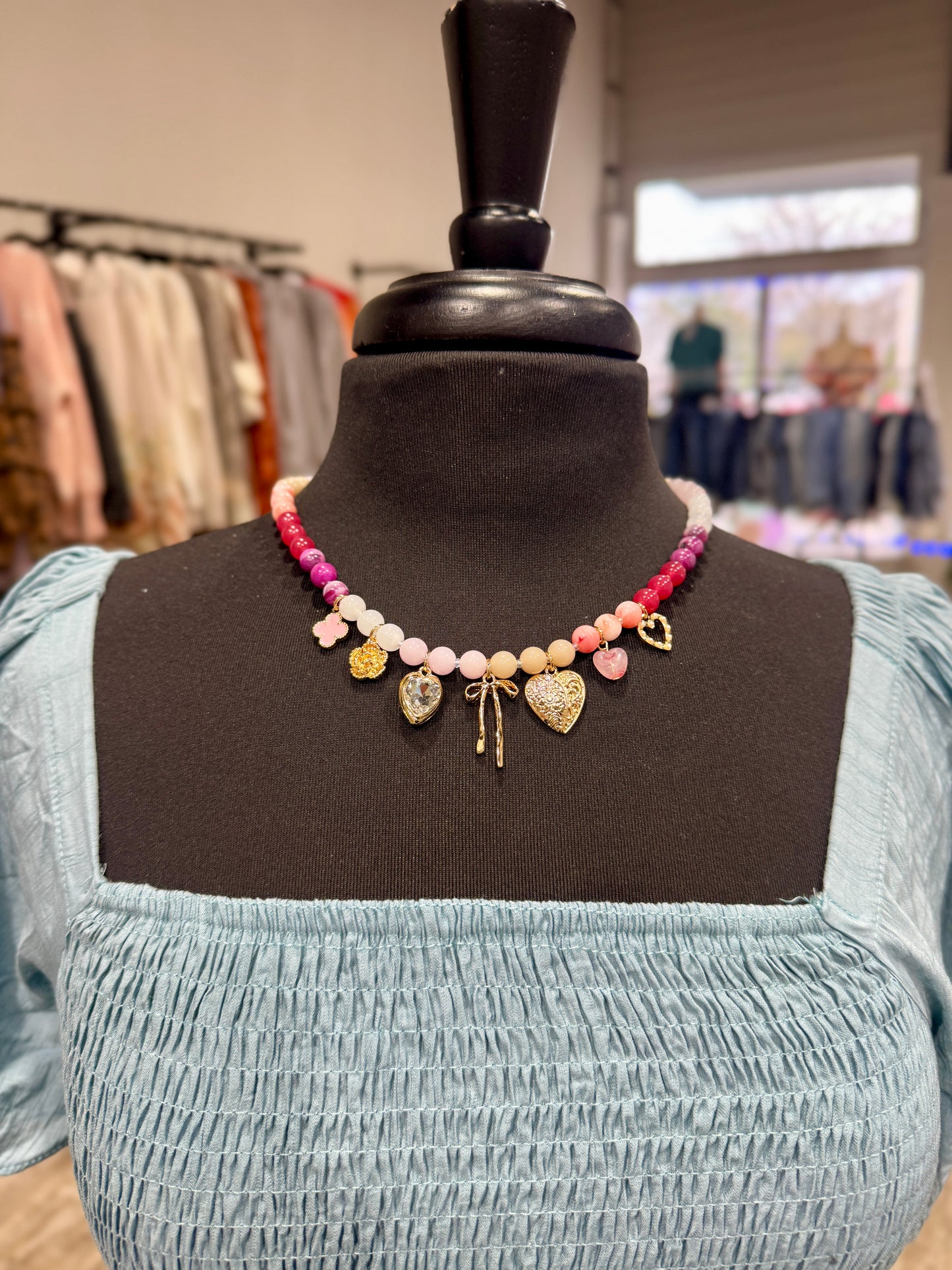 Pink Beaded Charm Necklace
