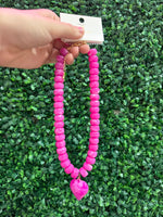 Chunky Beaded Heart Necklace - Pink