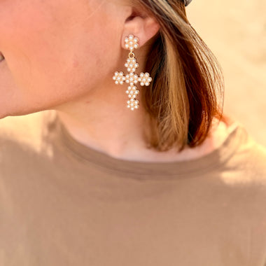 Pearl Studded Cross Earrings