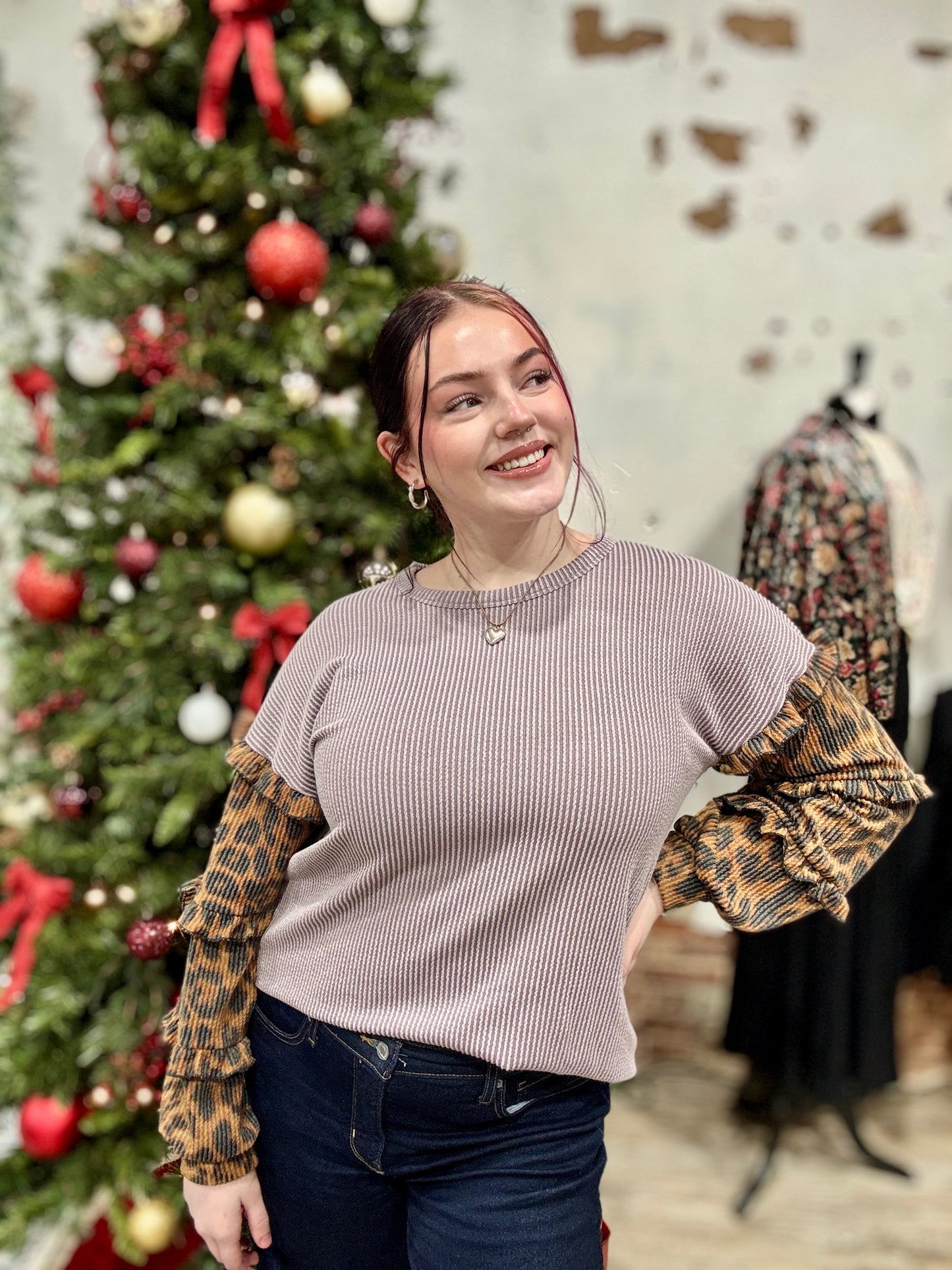 Leopard Ruffled Long Sleeve Ribbed Top