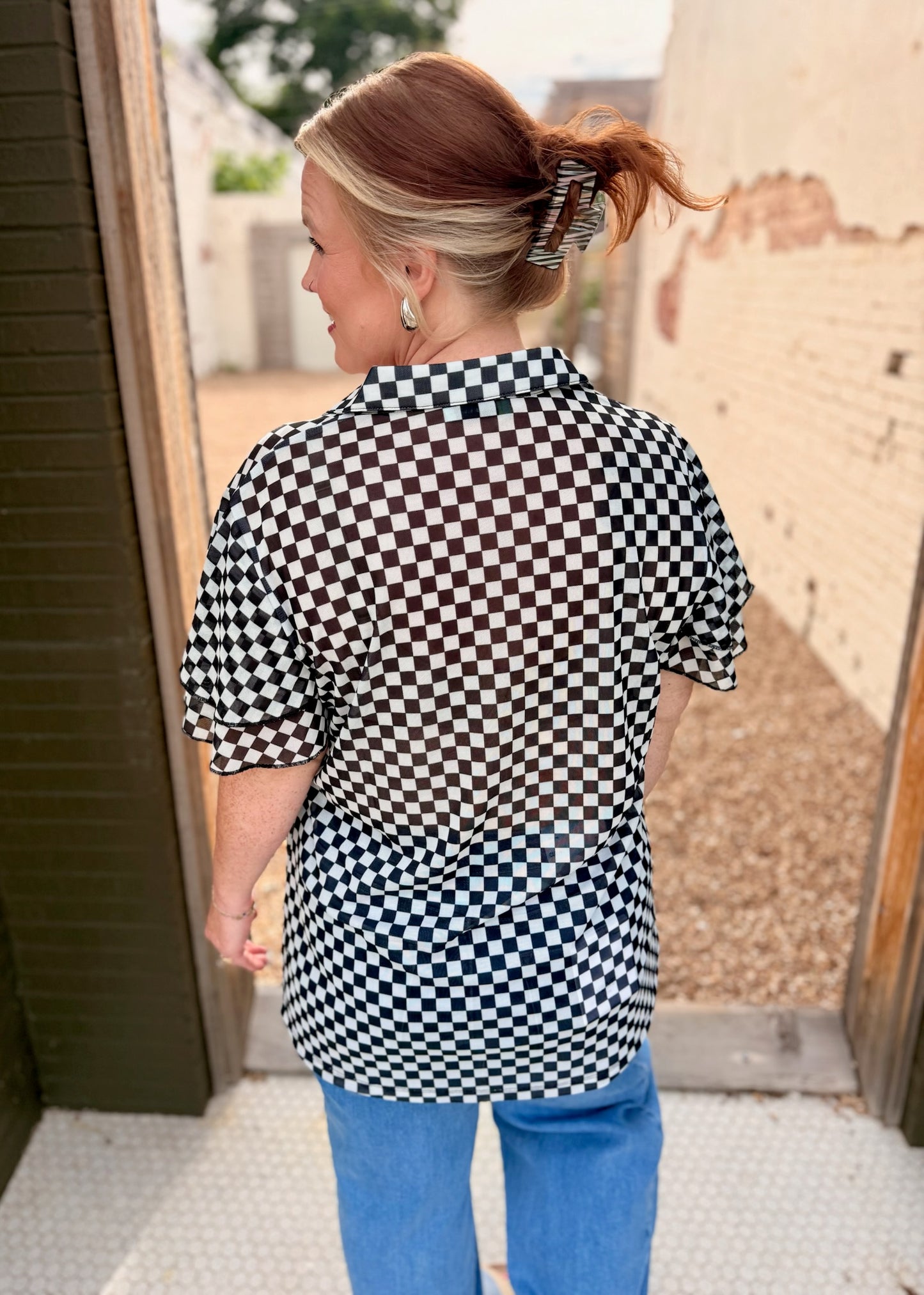 Mesh Checkered Button Down