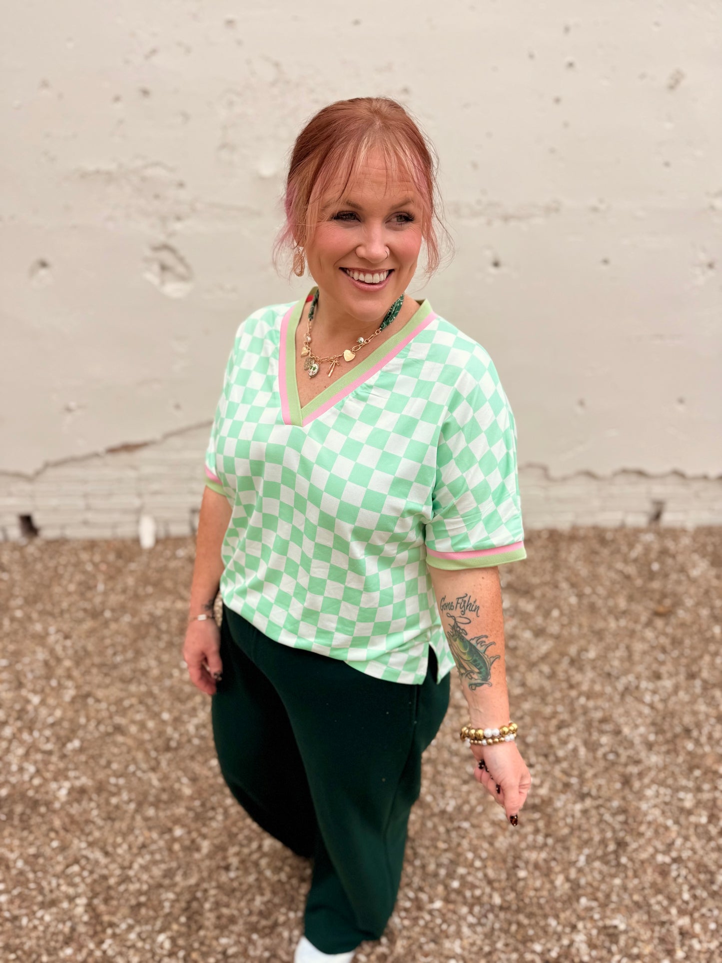 Mint Green Checkered V-Neck