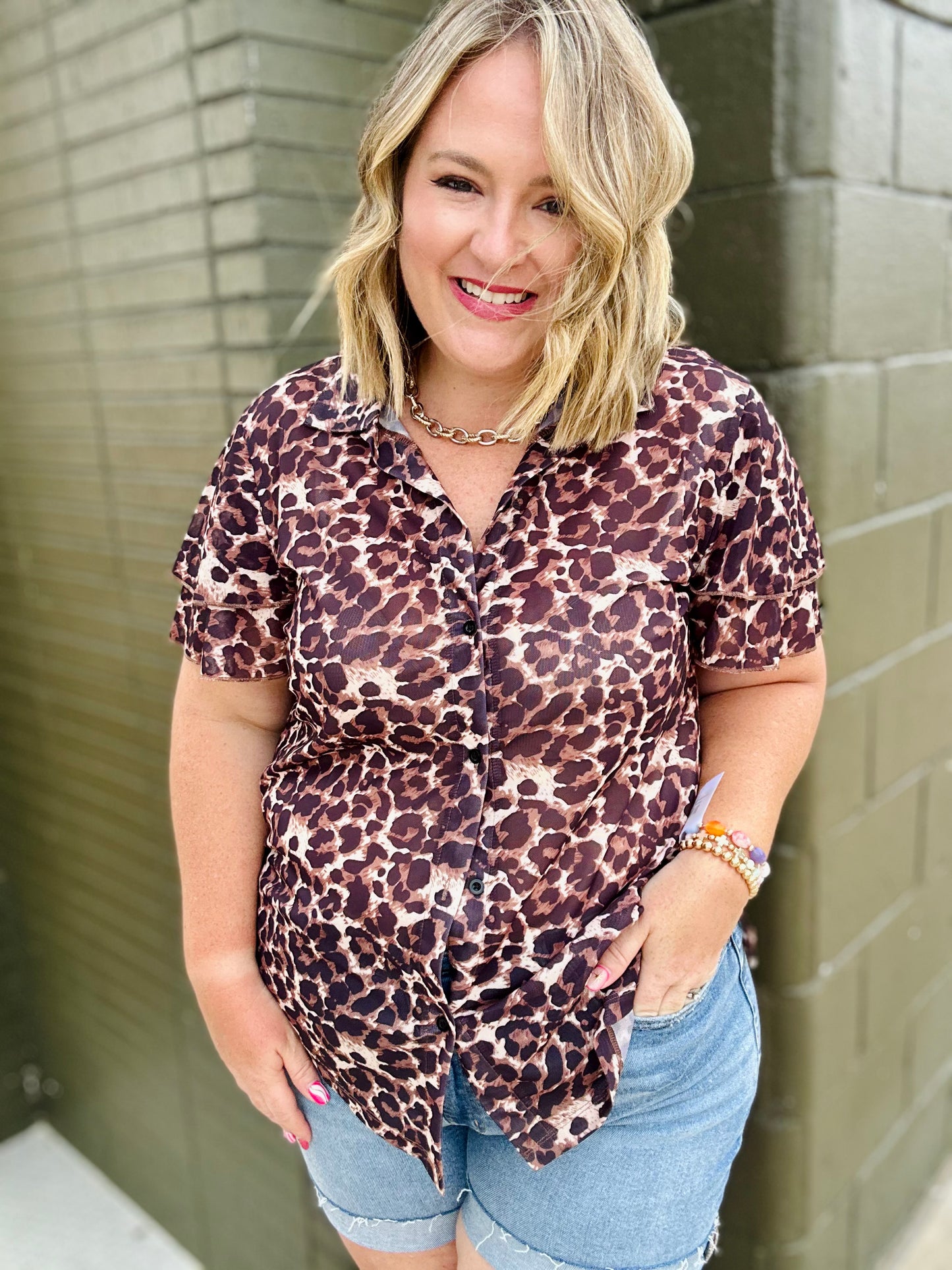 Mesh Leopard Button Down