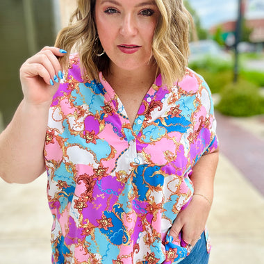 Malia Mixed Print Button Top