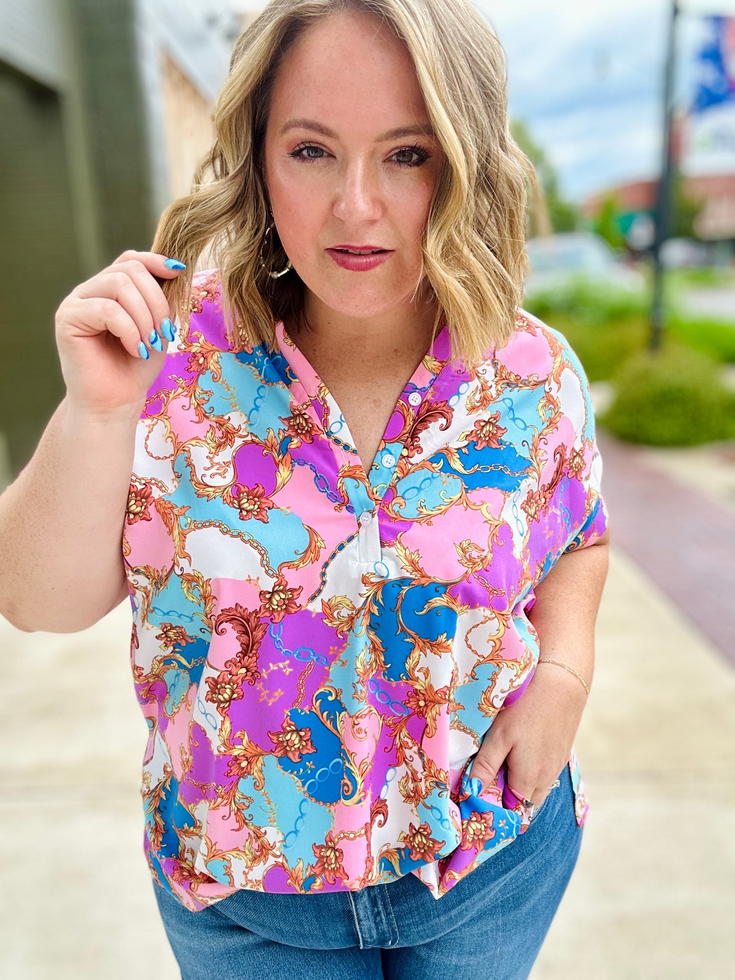 Malia Mixed Print Button Top