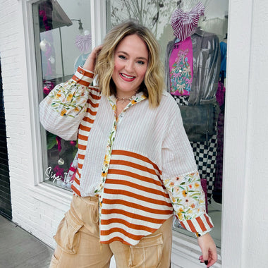 Button-Down Floral Stripe Top